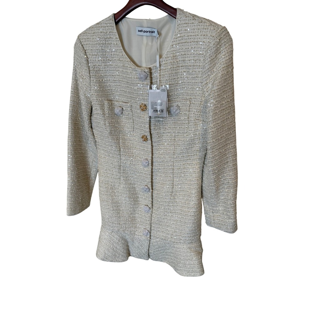 NWT Self-Portrait Gold Boucle Long Sleeve Mini Dress RS24-121S-GD US 8